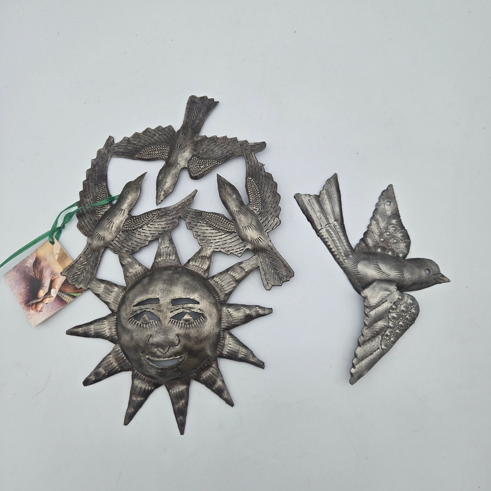 Haitian Metal Wall Folk Art Sun Birds Recycled Oil Drum Set of 2 Garden Patio